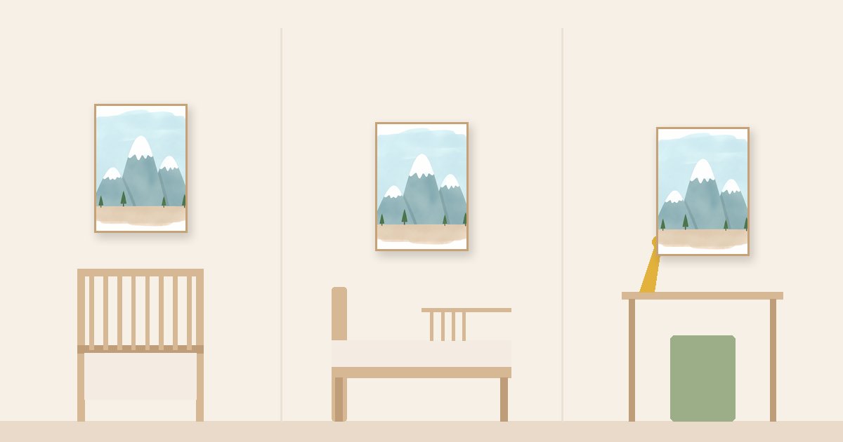 Trois versions d'une même chambre, du berceau au lit d'enfant puis au bureau, avec la même affiche encadrée qui reste au mur.