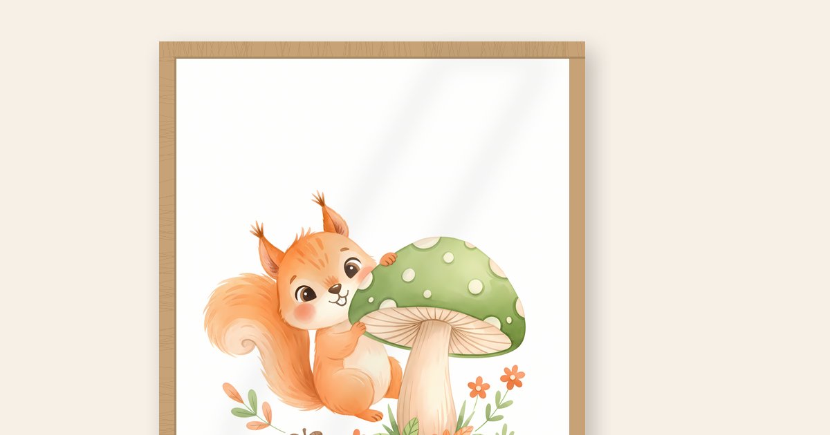 Gros plan sur le coin d'une affiche illustrée encadrée en bois clair : la texture du papier mat, la baguette de bois et le reflet discret du plexiglas.