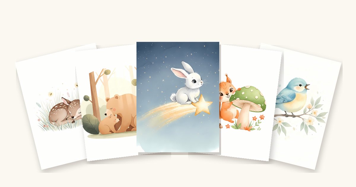 Cinq affiches illustrées d'animaux — faon, ours, lapin, écureuil, oiseau — posées côte à côte sur un fond crème.
